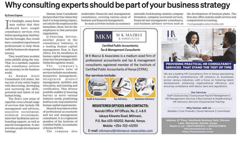 Human Asset Consultants featured in Nation newspaper on why HR consulting is vital for business success in Kenya